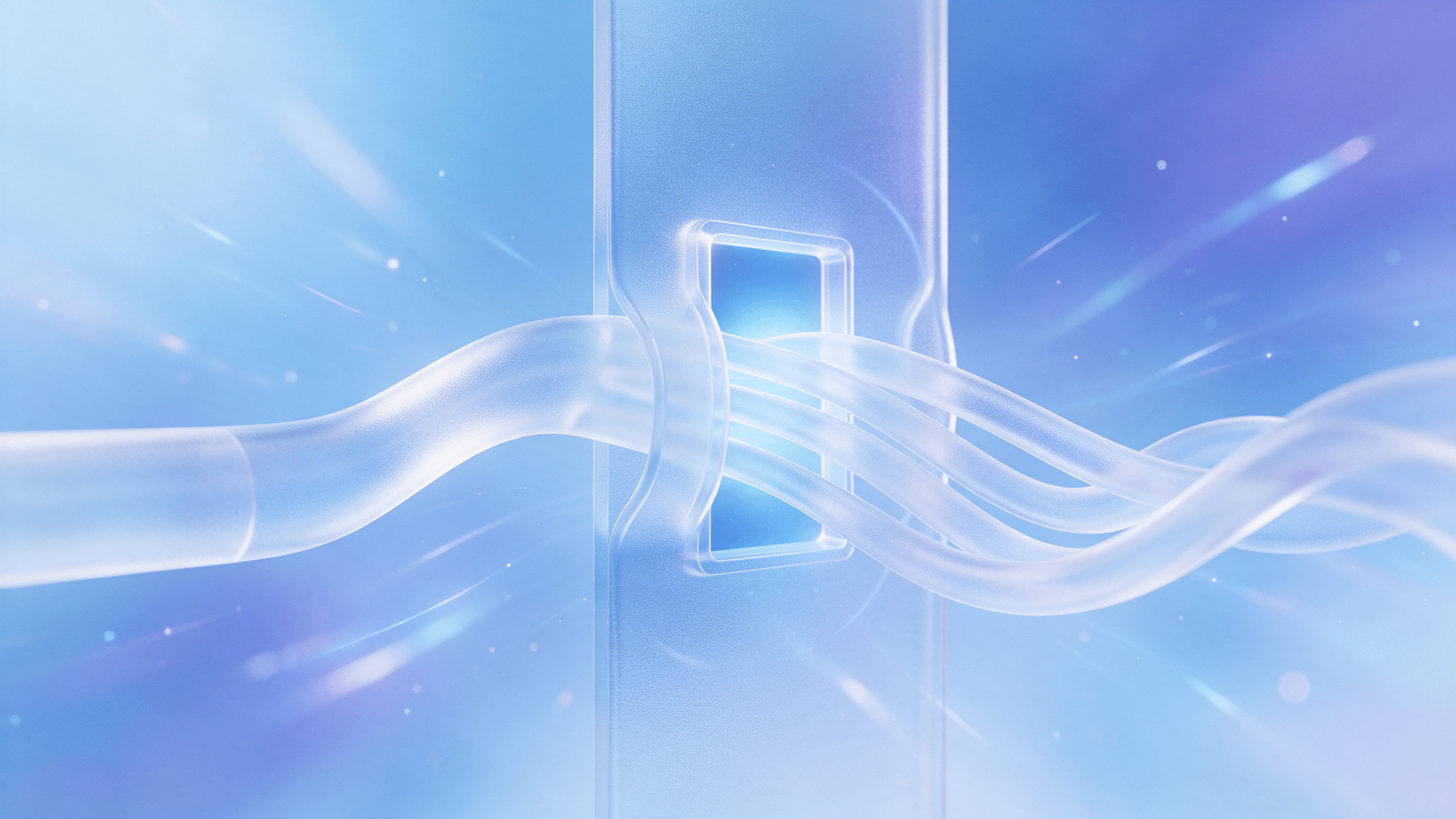 Abstract glass channel splitting into streams through a neutral gateway, illustrating Google ad tech remedies opening AdX