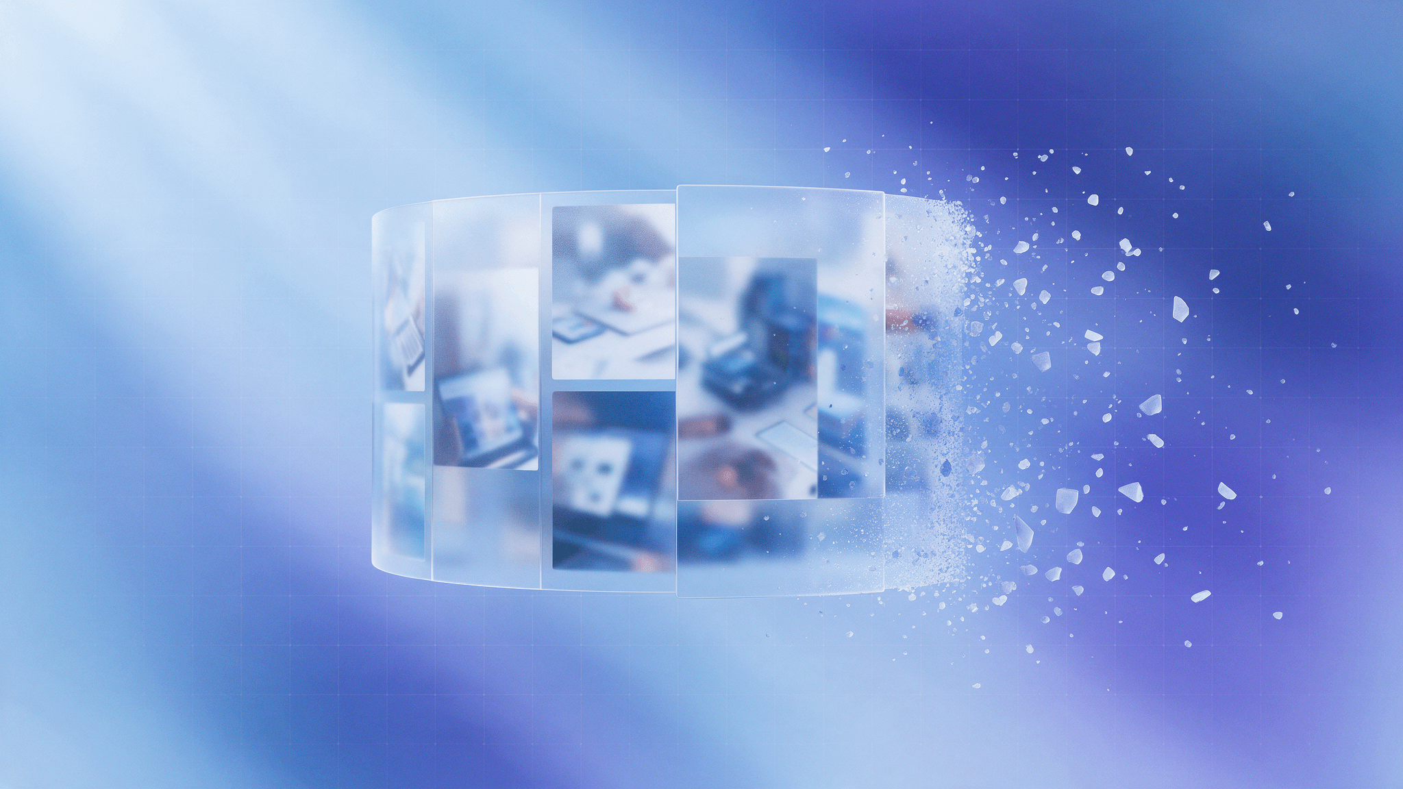 Abstract glass product carousel dissolving into shards, illustrating Google dropping free product listings in the EEA