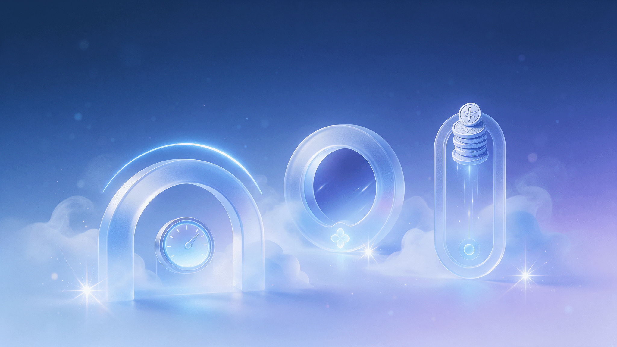 Abstract glass gateways with meter motifs, illustrating AI content payment models from Google, Cloudflare and Microsoft