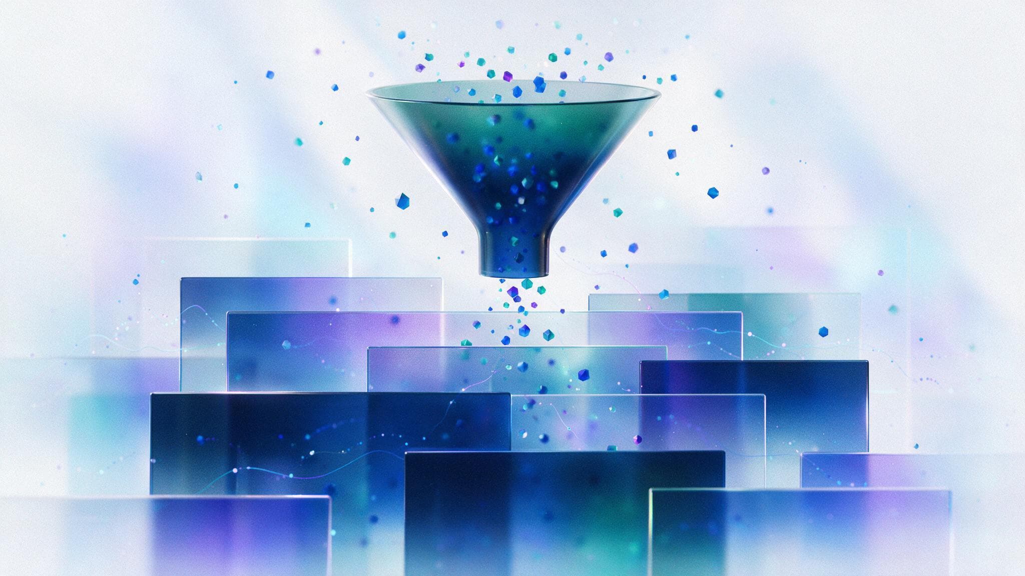 Abstract glass panels and a filter funnel representing audience income tiers in a Performance Max campaign