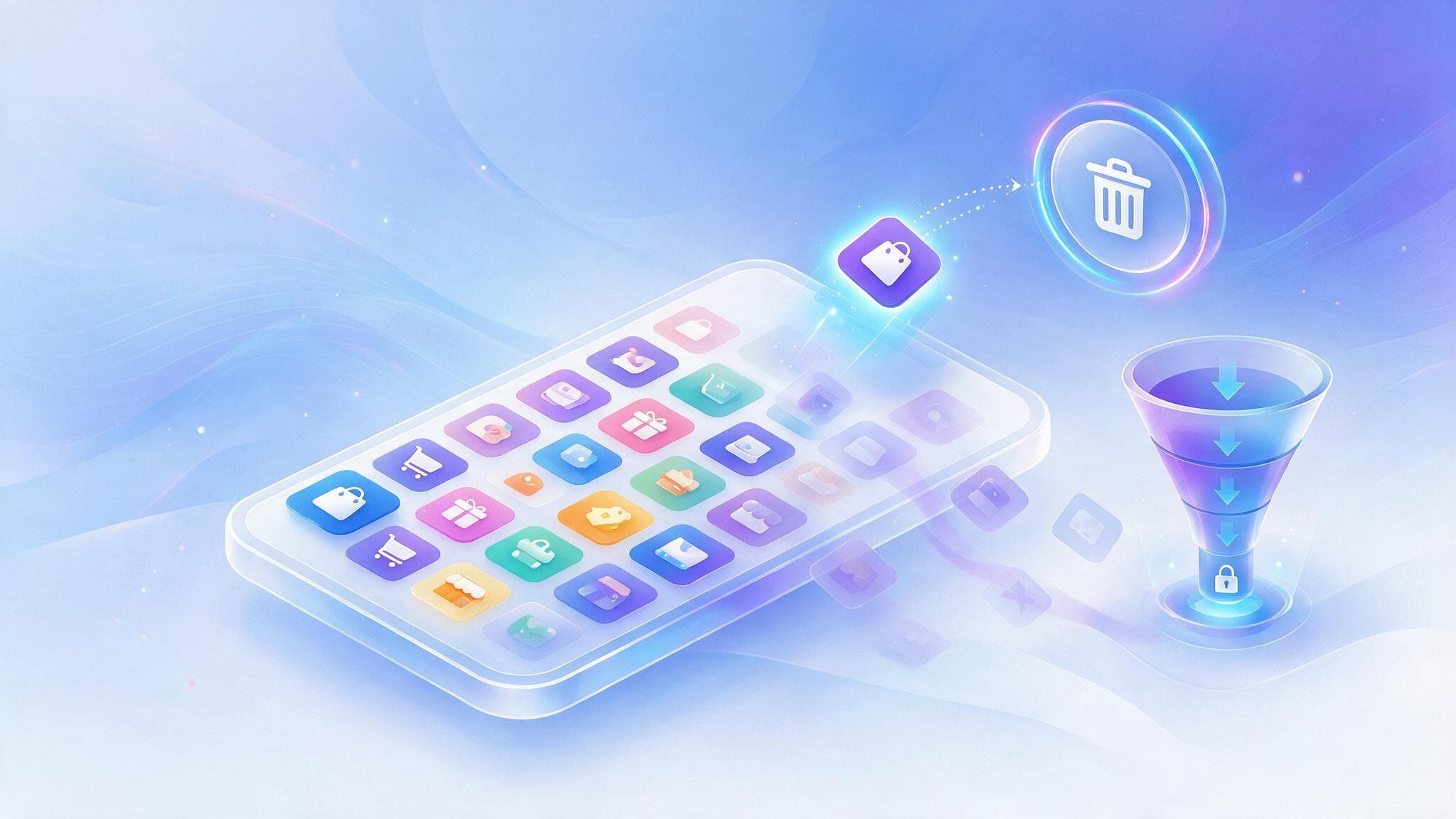 A smartphone home screen crowded with retail app icons, one of them being dragged into a delete zone by a thumb.