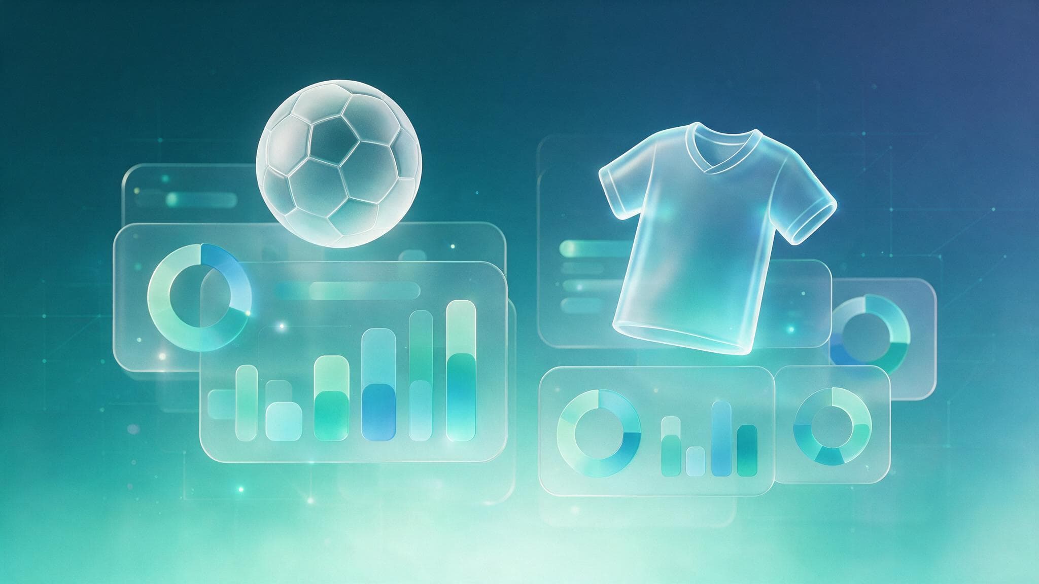 Abstract glassmorphism illustration of a plain football and a generic folded sports jersey above glowing data panels, representing sports retail purchase data