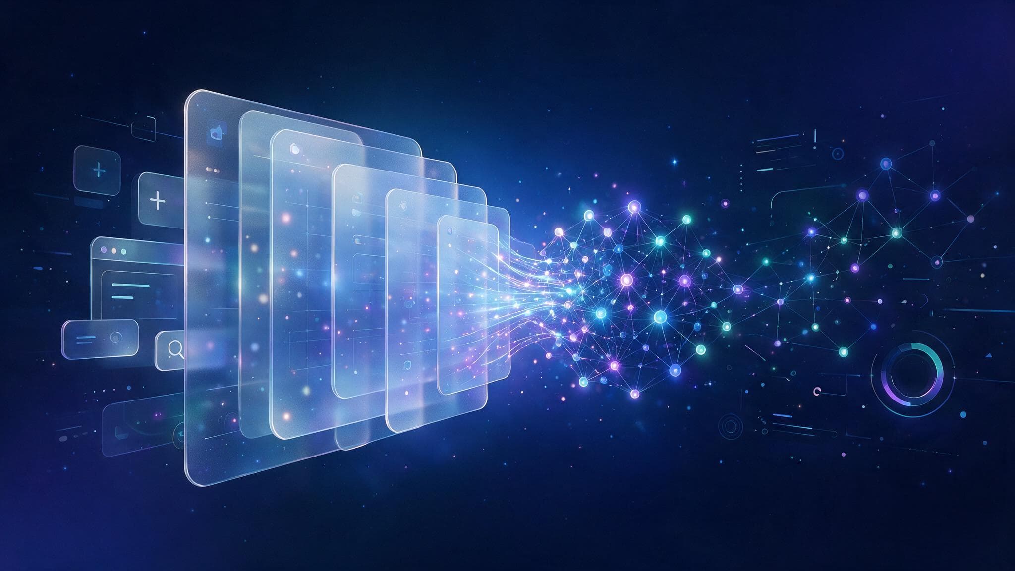 Abstract glass-panel illustration of machine-readable pages feeding an AI system