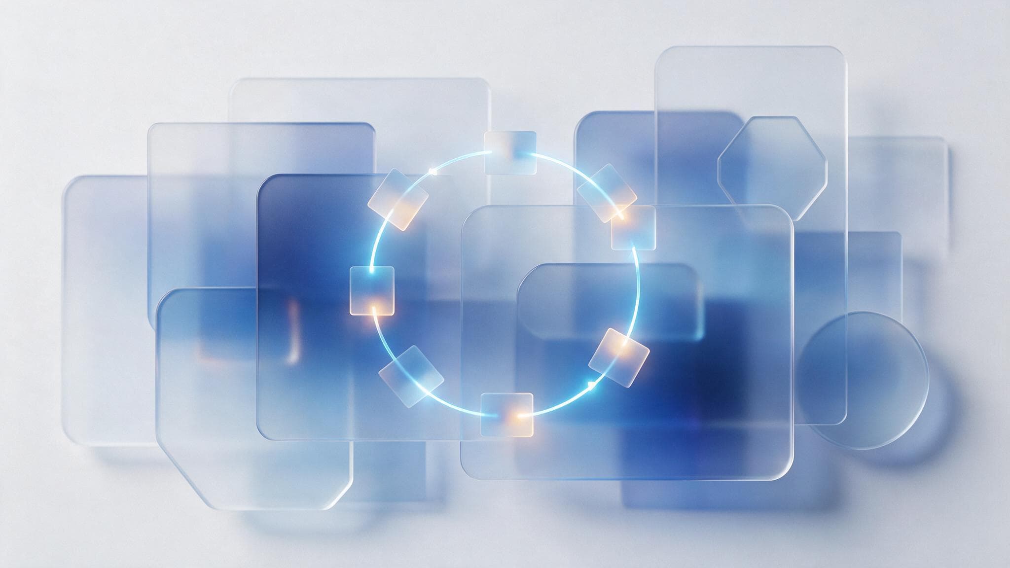 Abstract glassmorphism illustration of stacked pages fading out with a crawler revisiting them in a loop