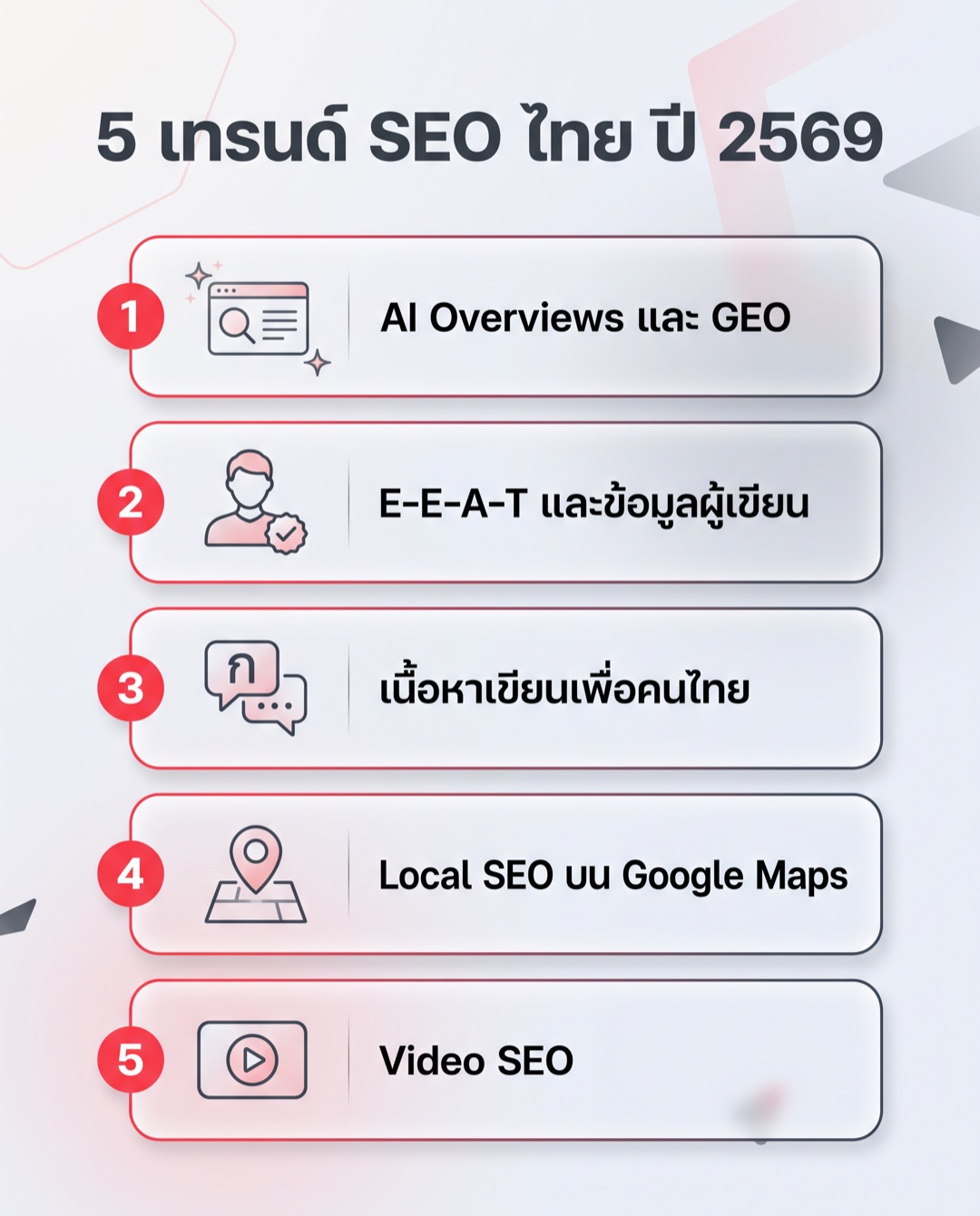 Infographic: five Thai SEO trends for 2026 - AI Overviews and GEO, E-E-A-T and author information, Thai-first content, local SEO on Google Maps, and video SEO